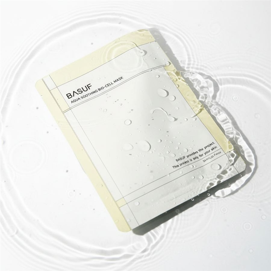 BASUP Aqua Soothing Bio-Cell Mask, a single-use sheet mask unfolded on a light surface