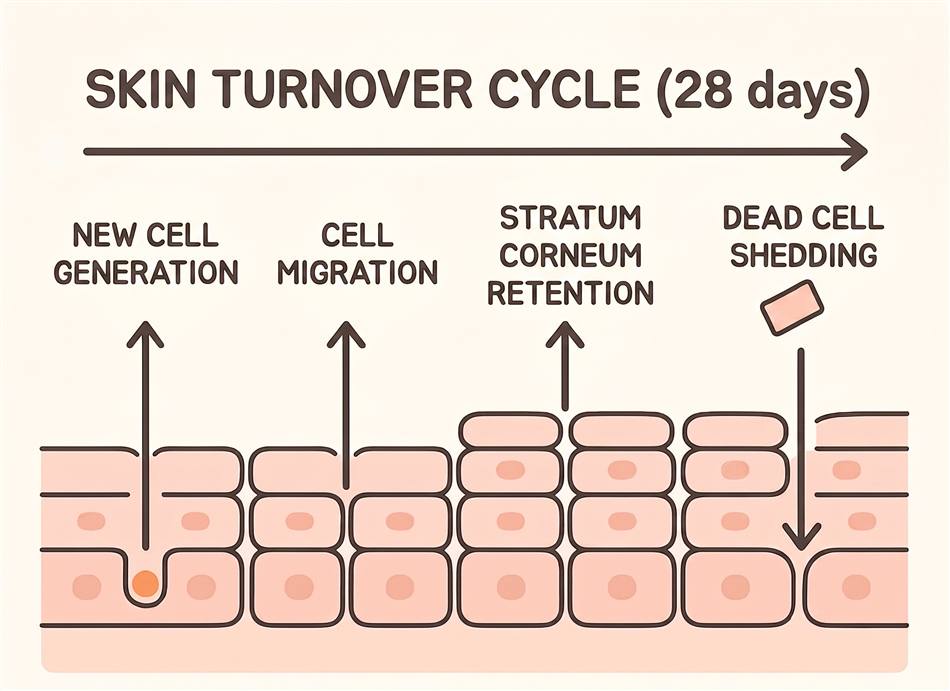 Diagram of the 28-day skin turnover cycle: new cell generation, cell migration, stratum corneum retention, then dead cell shedding